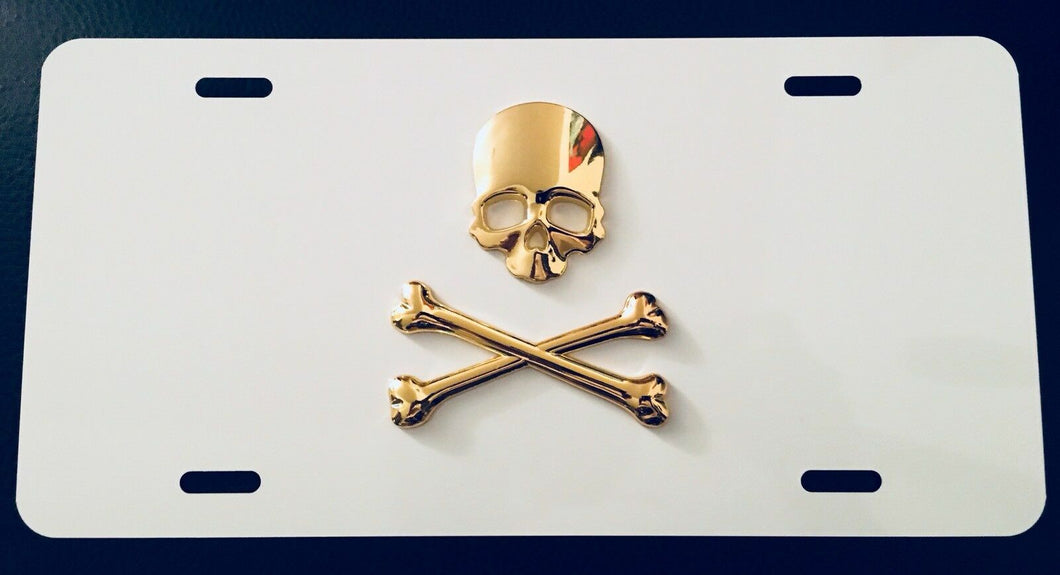 3D Custom Made Skull Gold On Red/Yellow/White/Black Aluminum License Plate.