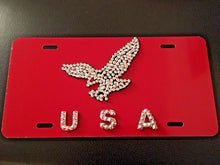 Load image into Gallery viewer, 3D Custom Hand Made USA With Crystal On Red License Plate/
