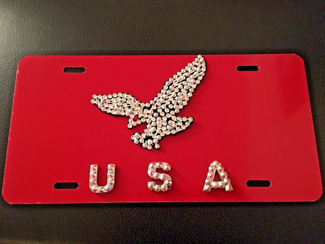 3D Custom Hand Made USA With Crystal On Red License Plate/