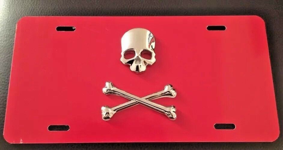 3D Custom Made Full Skull Silver On Red/Yellow/White/Black Aluminium License Plate.